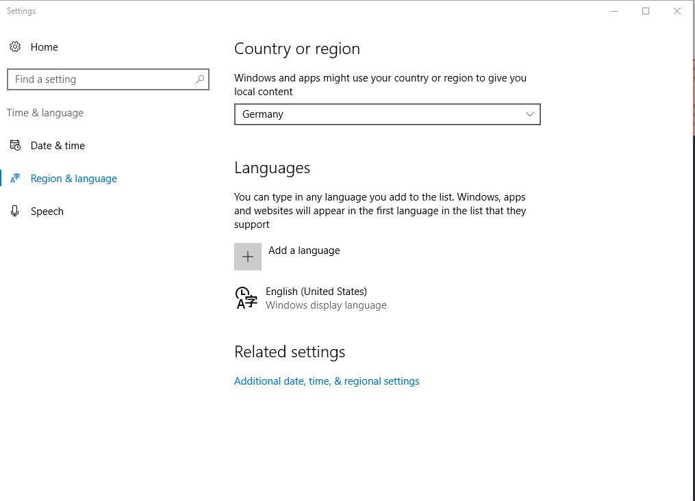 Windows 10 Language and Regions